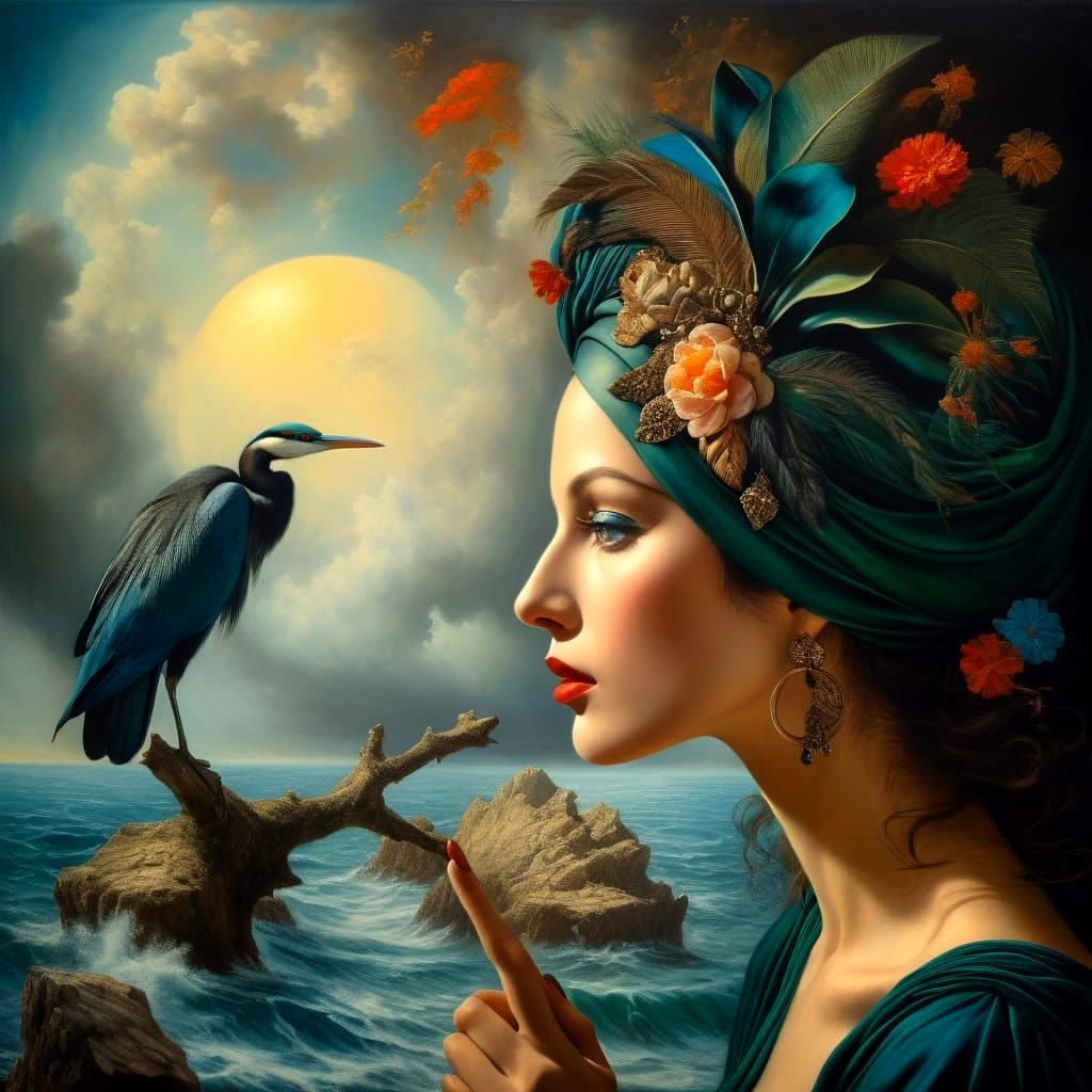 Surrealistic Portrait of a Mysterious Lady in Deep Rich Colo...