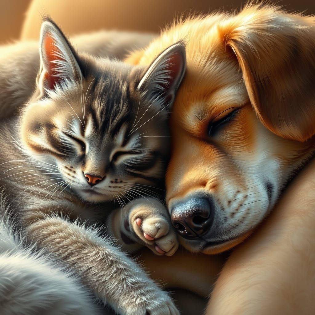 realistic adorable cat snuggling and sleeping with a cute dog  by @sugar-plum-horse