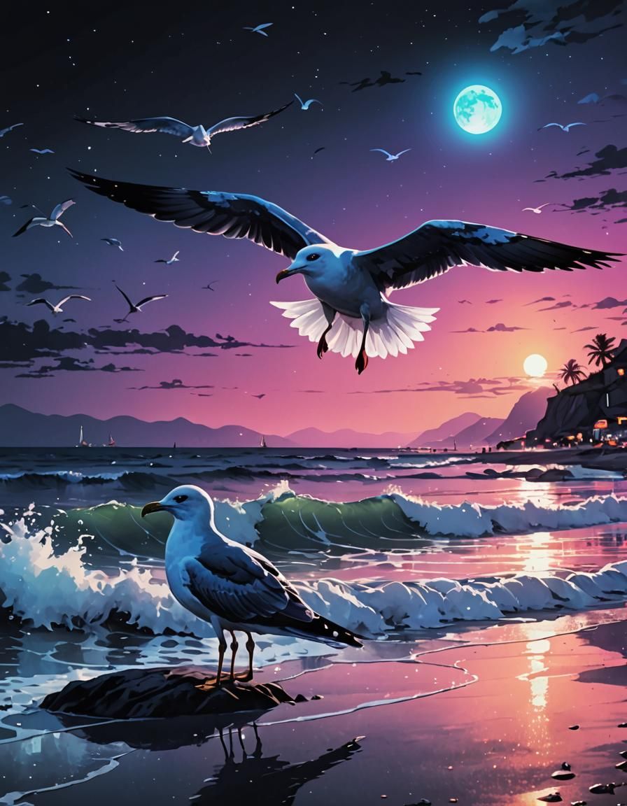 "At the Beach, The Seashore Background" Black and White High Contrast, Watercolour, Holographic Seagull, ...  by @FashionQueen