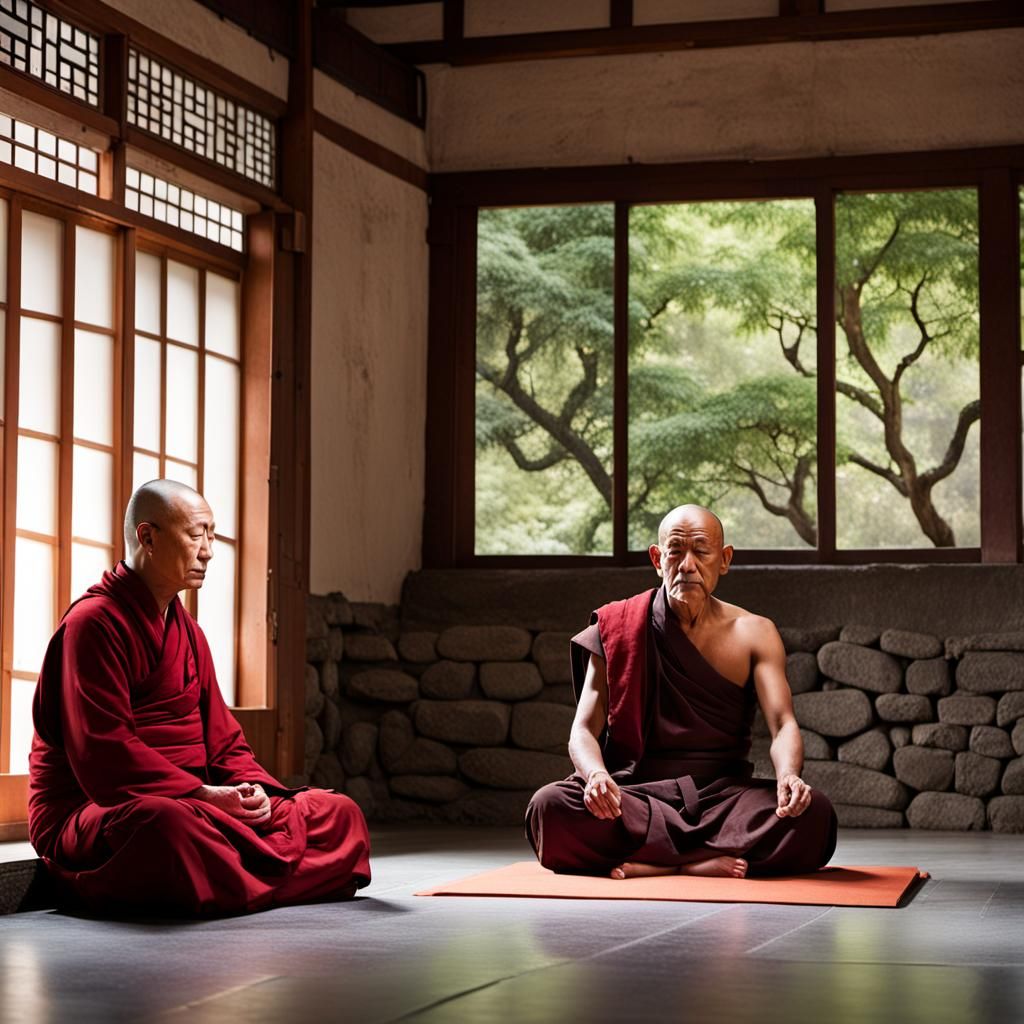 In a Monastery setting a monk meditating and his Zen Teacher