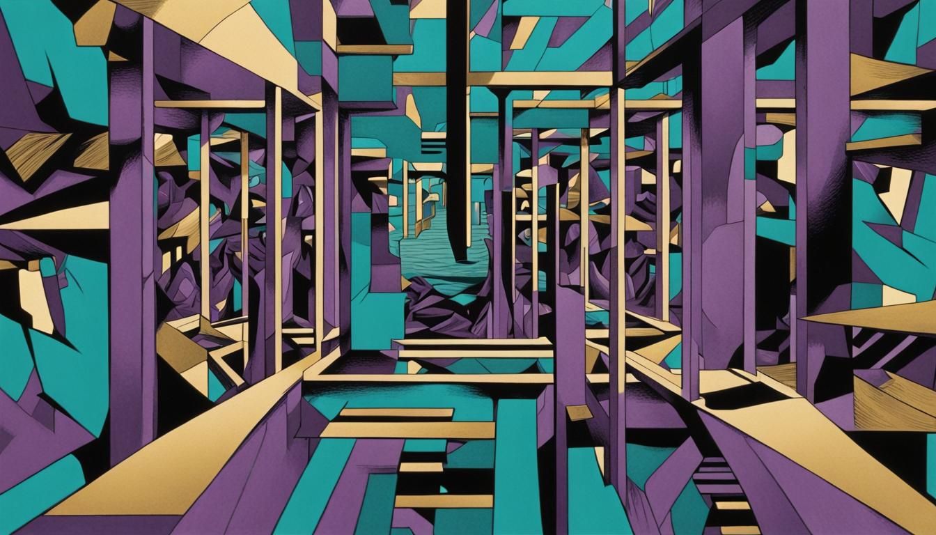 Comic noir expressionism surreal patterns mc escher teal purple
