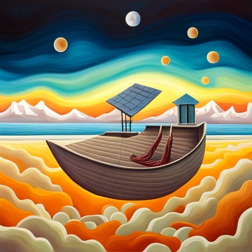 A colorful surreal folk art painting of existence adrift.