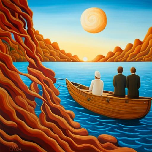 A colorful surreal folk art painting of existence adrift.