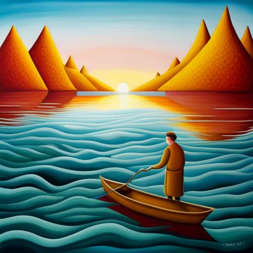 A colorful surreal folk art painting of existence adrift.