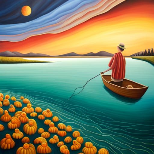 A colorful surreal folk art painting of existence adrift.