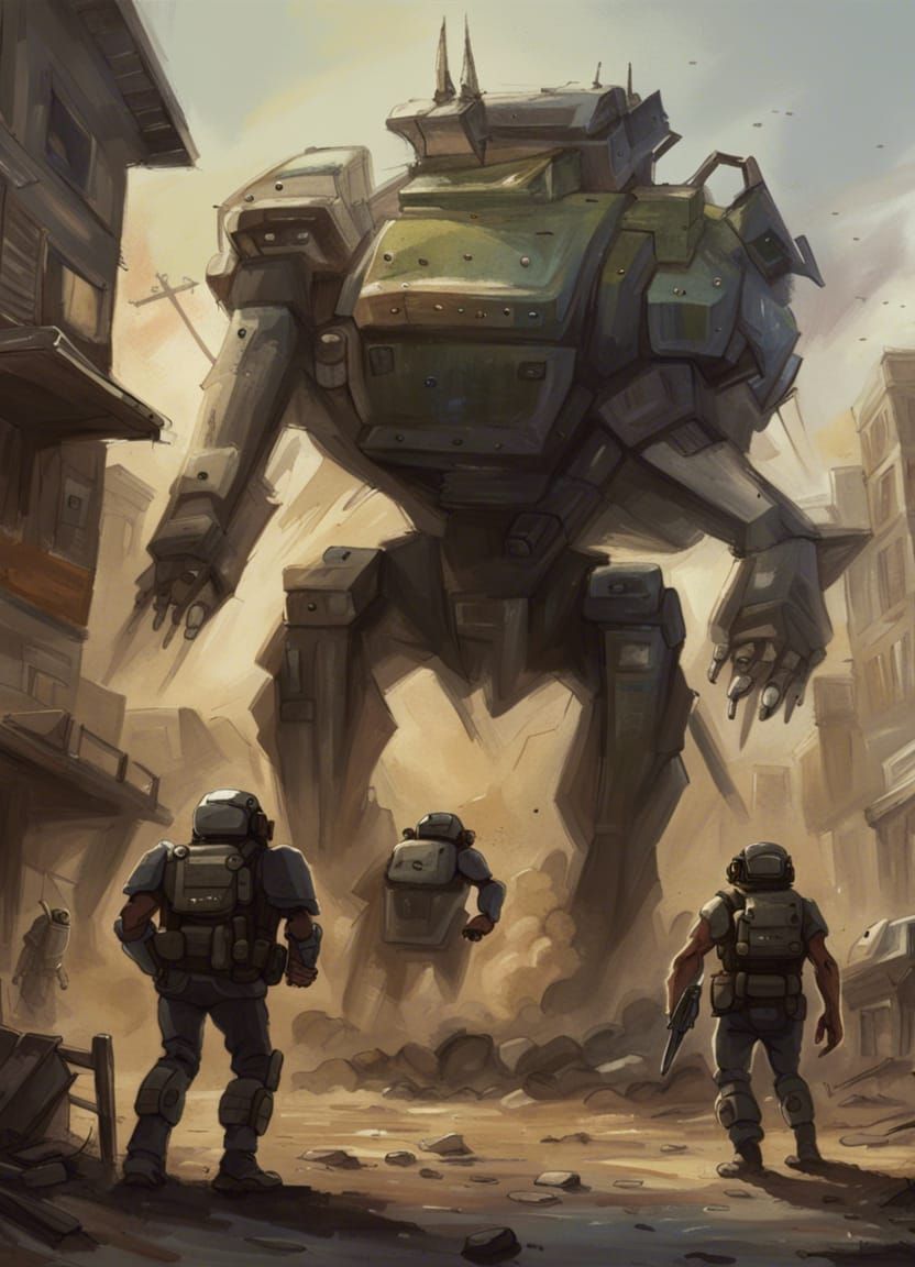 Mech defends a post-apocalyptic town from attack. - AI Generated ...