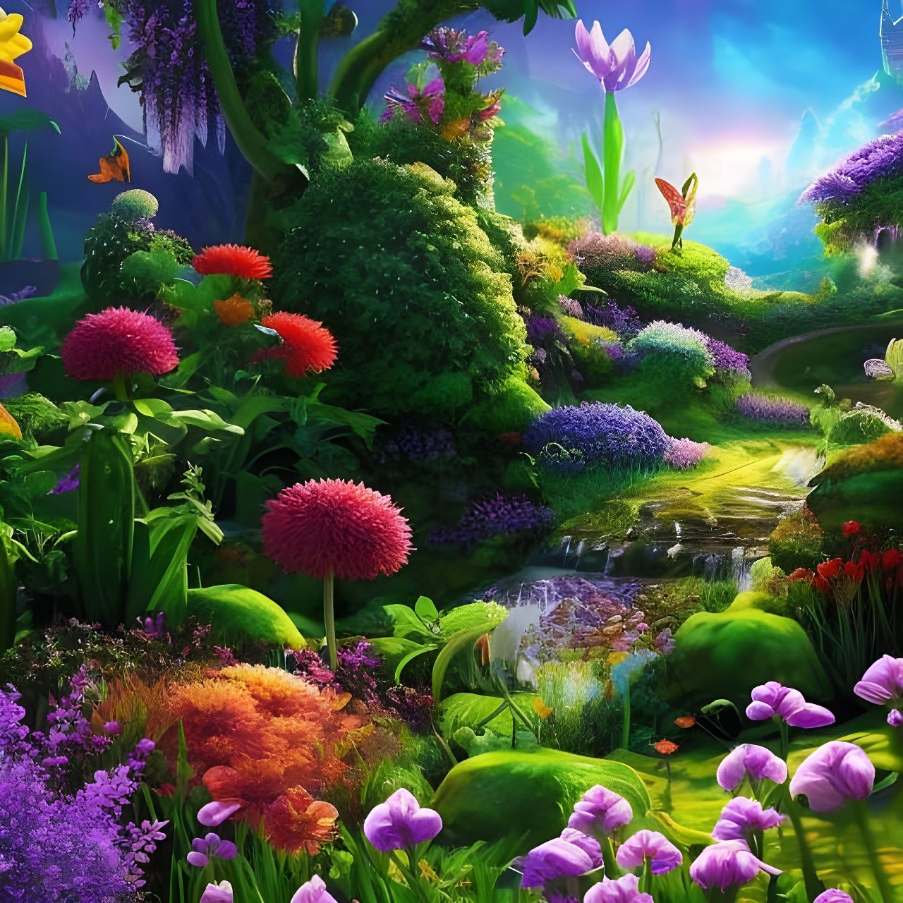 Fantasy fairy flower garden 🌱🌿☘️🍀 Hyperrealistic, splash art, concept ...