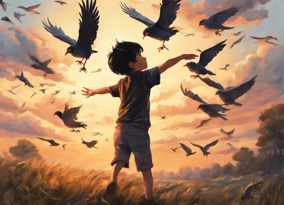 A black-hair boy releasing 2 birds flying in the air, view from behind,  sunset, countryside, great lighting, intricate ...