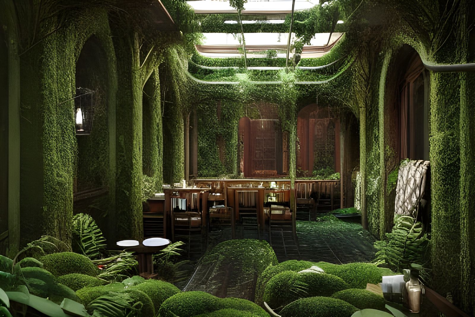 Amazing detailed cinematic photography of 18th century restaurant interior overgrown with plants and trees and moss by C...