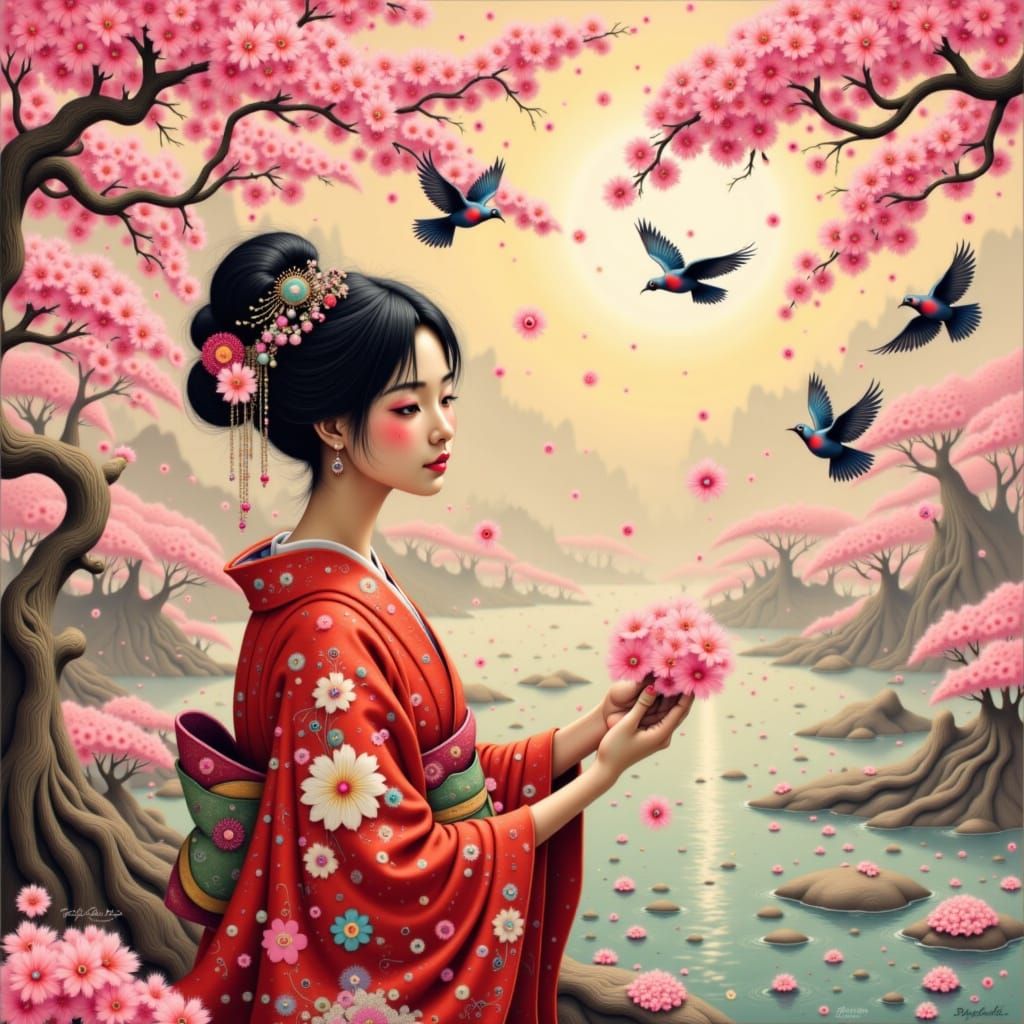 Serene woman in traditional Japanese attire, surrounded by blooming cherry blossoms, sharing her dreams with nature, as a thousand birds sin...