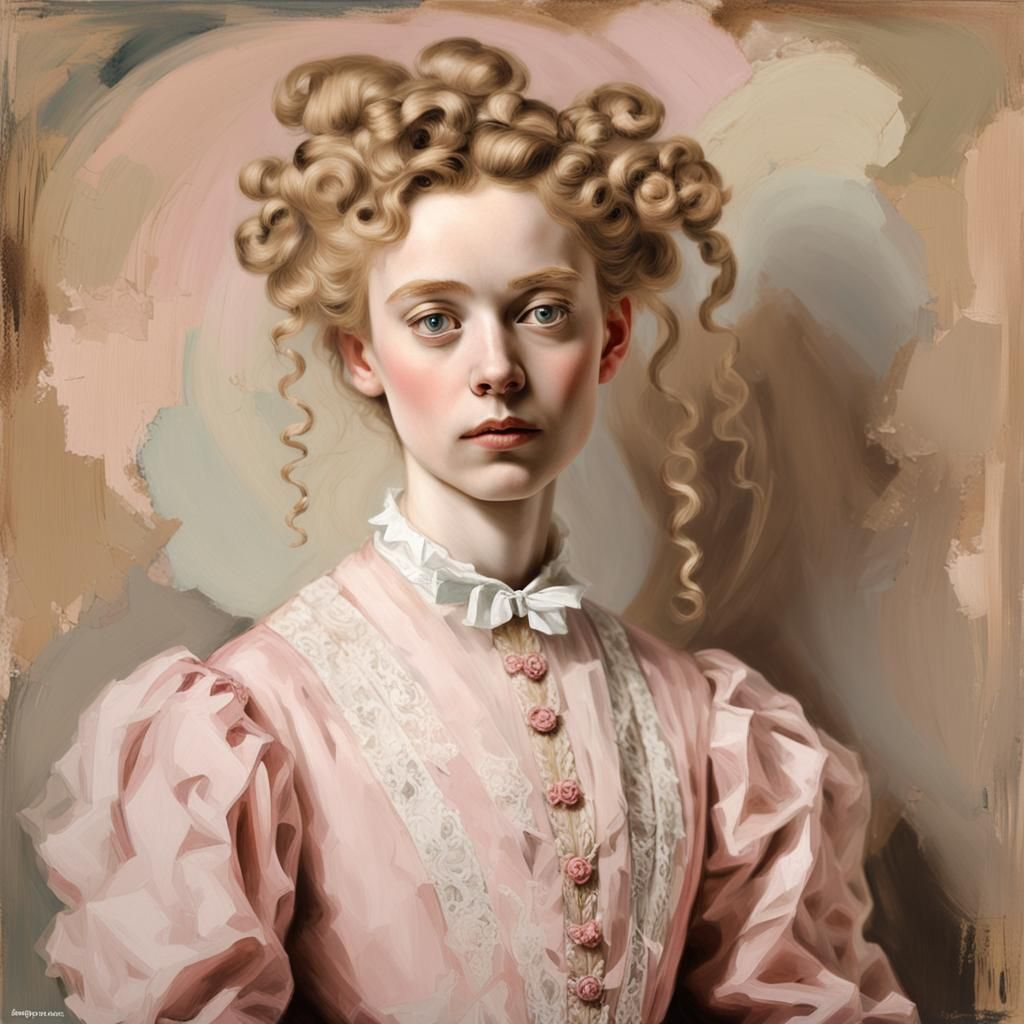 Beautiful Aglaya Yepanchin with light blonde ringlets hair, pink and ecru gown of 1867 era. Egon Schiele