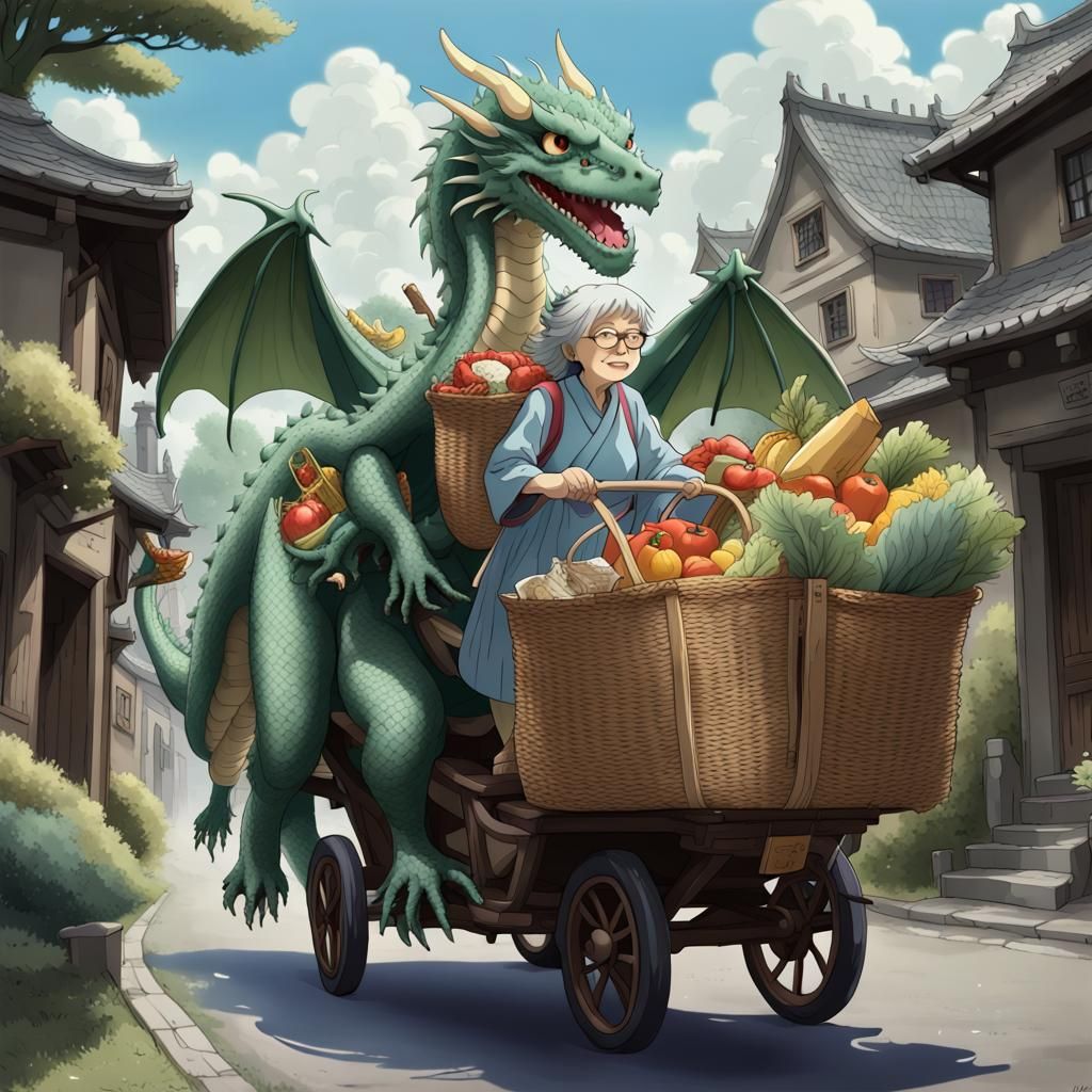 Magical granny going home with her groceries riding a dragon...