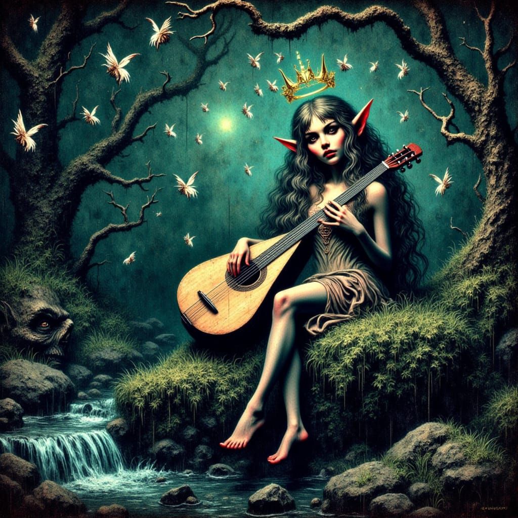 <lora:Tolkienesque:1.0> A cute Elf girl playing a lute on a moss covered stone overlooking a flowing stream with bioluminescent water with a...