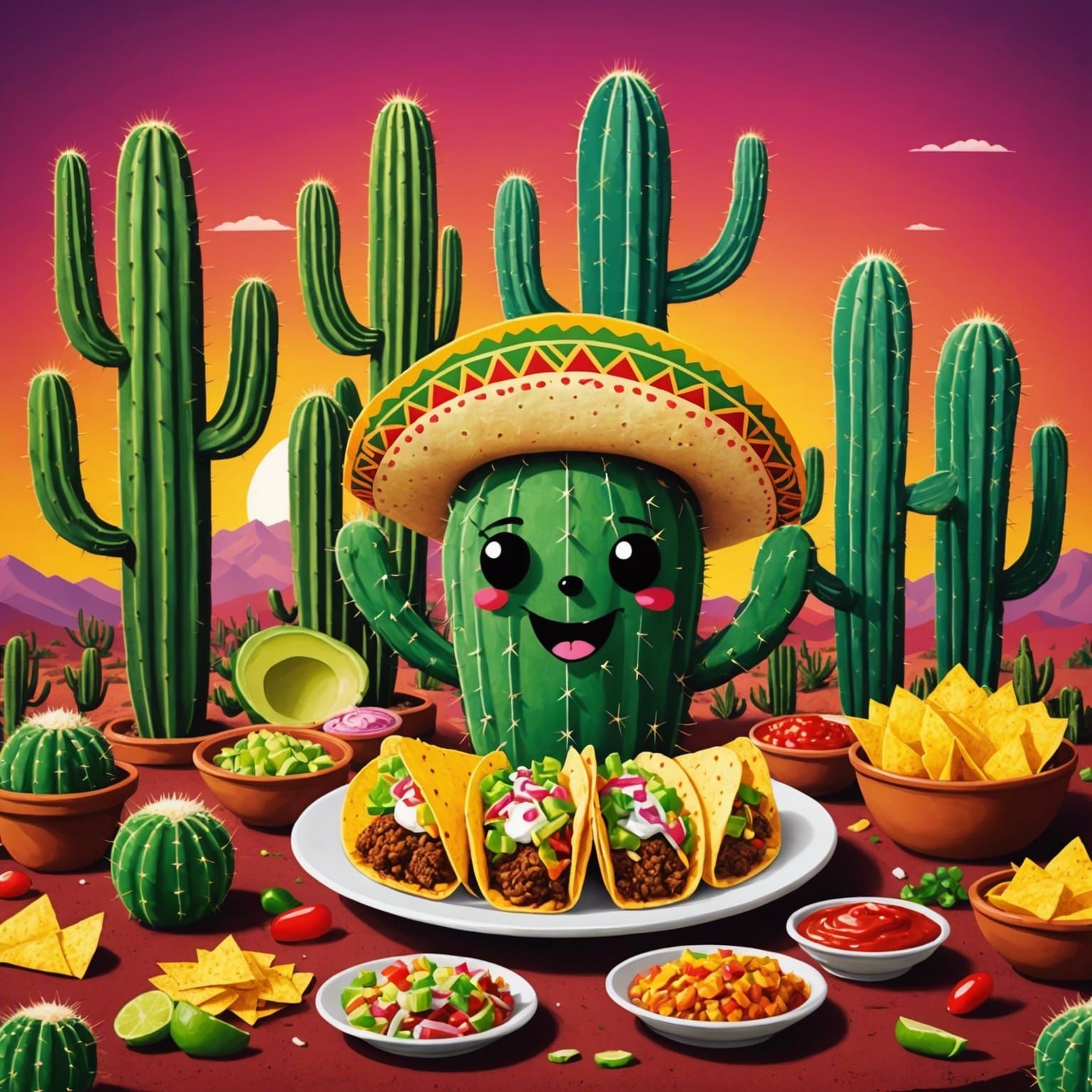 Cactus eating mexican tacos, mexican cactus, mexican color festival background,   by @FatiStar
