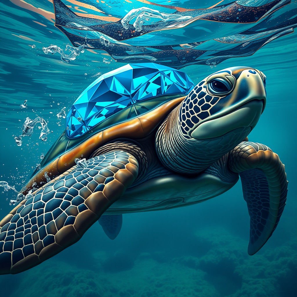 A Giant sea turtle   with a Giant Blue Diamond  on its back