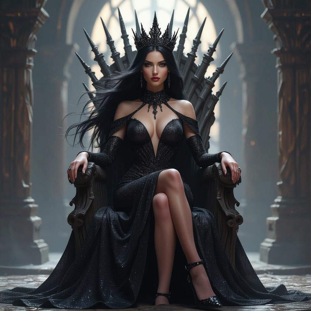 A queen with long black flowing hair and brown eyes dressed in a thin black glittering dress and has a glittering black crown sits in a dark...