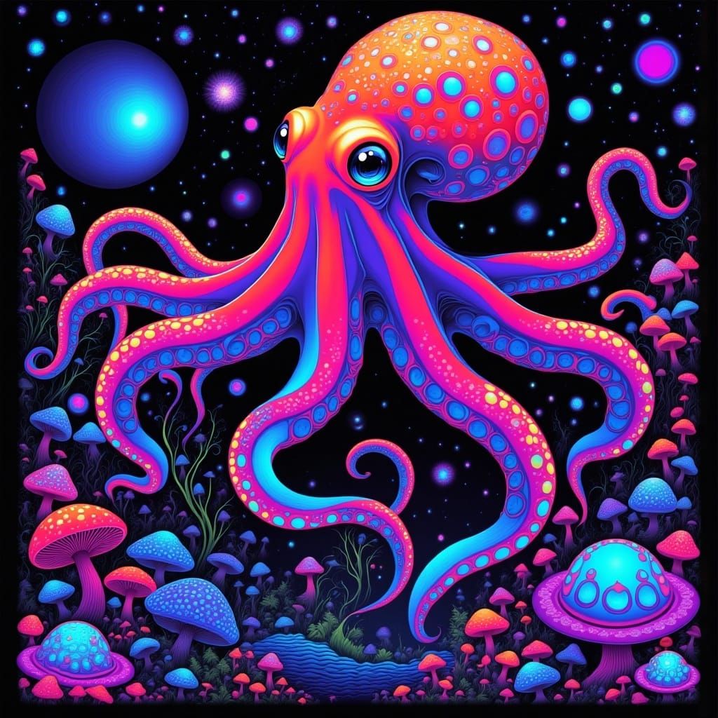 Trippy octopus in a galaxy ocean <lora:Vintage Blacklight:1.0> retro poster illustration 