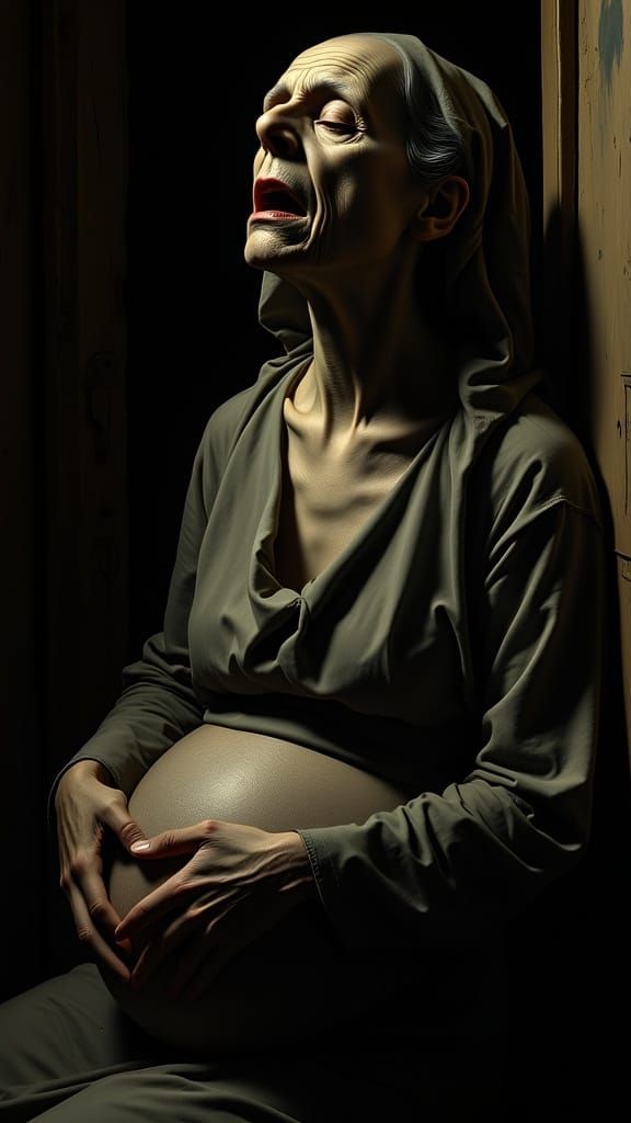 <lora:Chiaroscuro:1.0> caravaggesque chiaroscuro, Zdzisław Beksiński Style, Midwife in Kitchen, hyperrealistic, extremely sharp focus