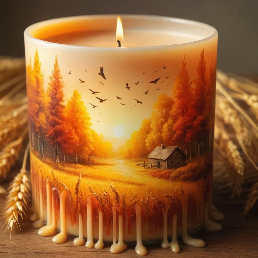 A candle melting in an idyllic autumn landscape with golden wheat fields  by @Eziuiu