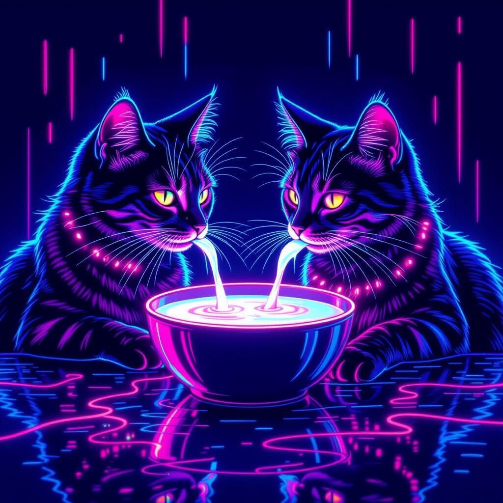 Neon Cats Drink Milk in Cyberpunk Style