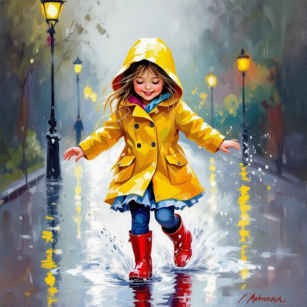 Joyful Girl Dancing in Rain as Impressionistic Oil Painting