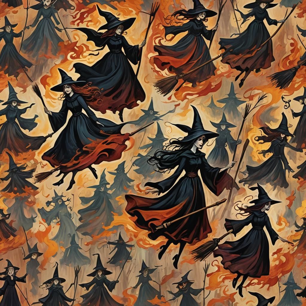 Witches flying  on their brooms  warm colors gothic art expr...