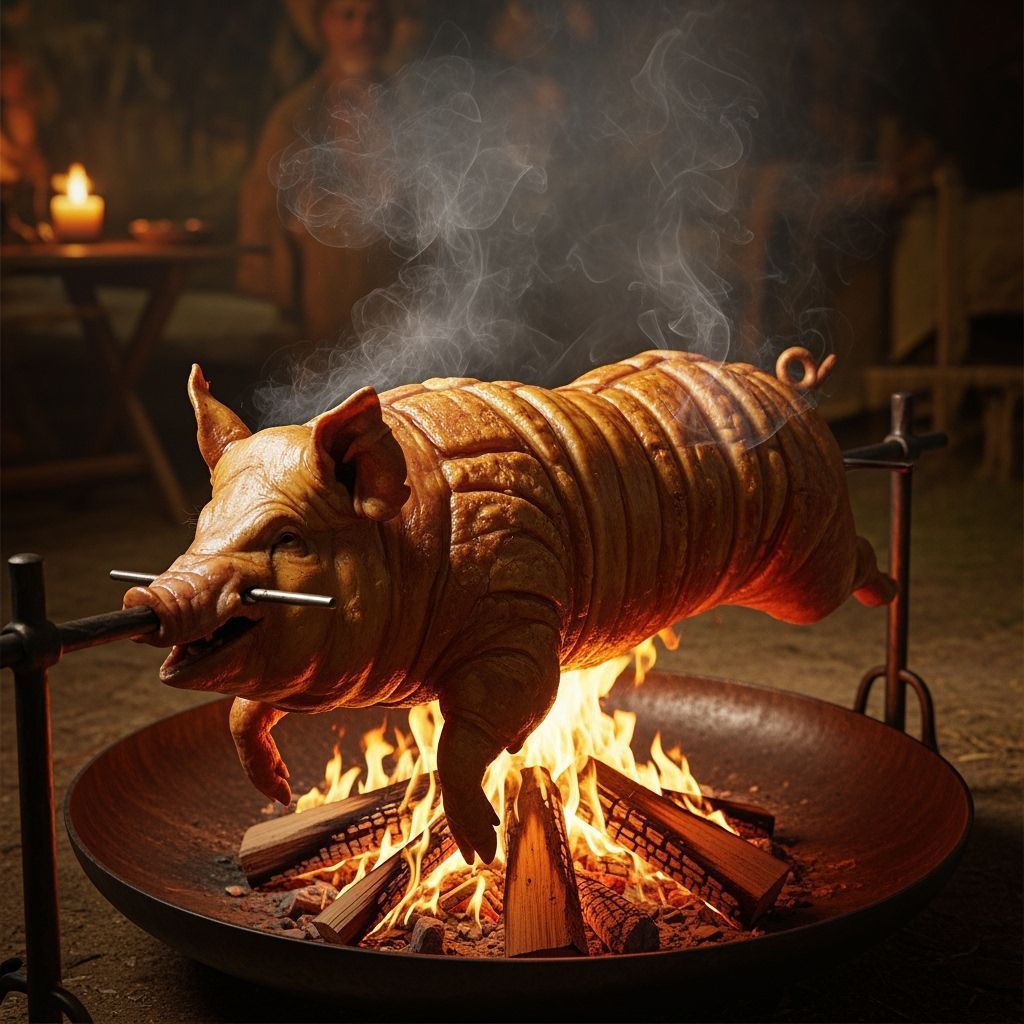 Realistic Pig Roasting Over Fire, Rustic Style