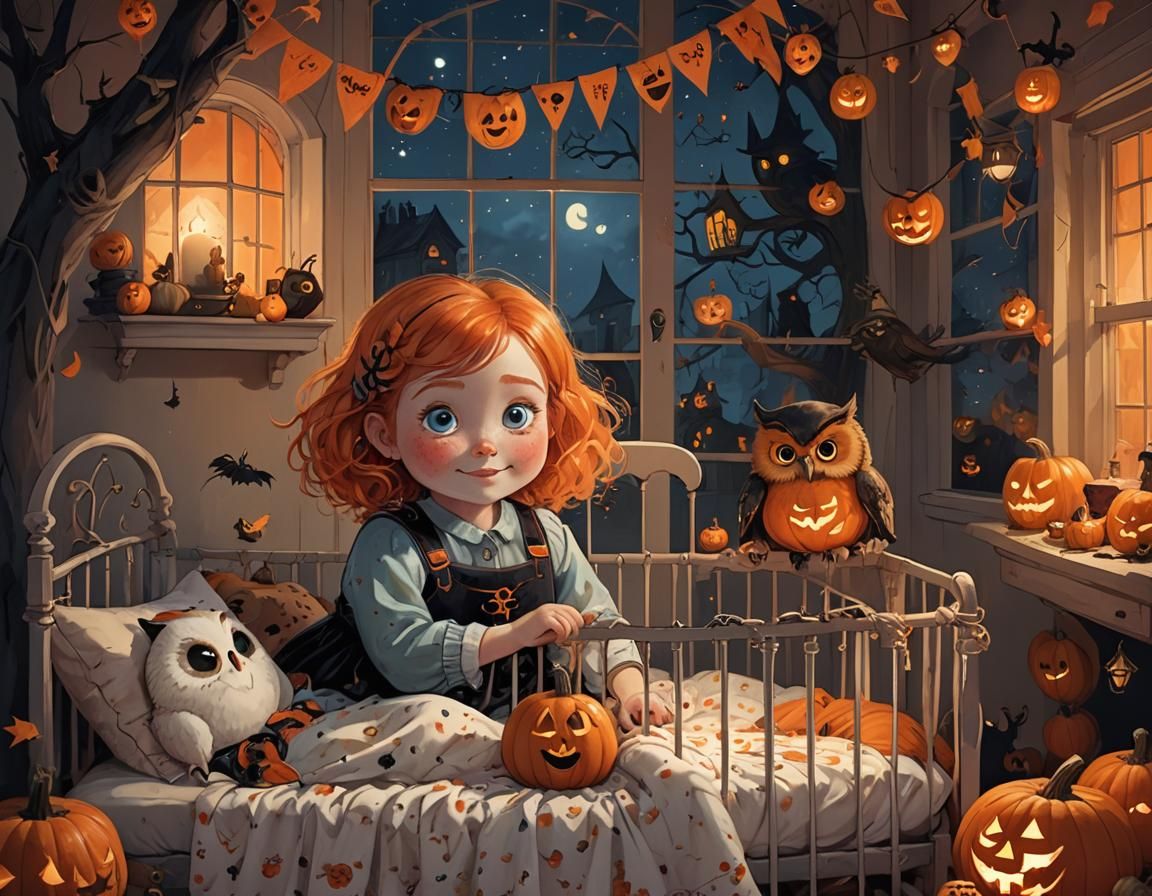 Pretty chubby girl 4 years old, blue eyes, orange hair, wearing witch