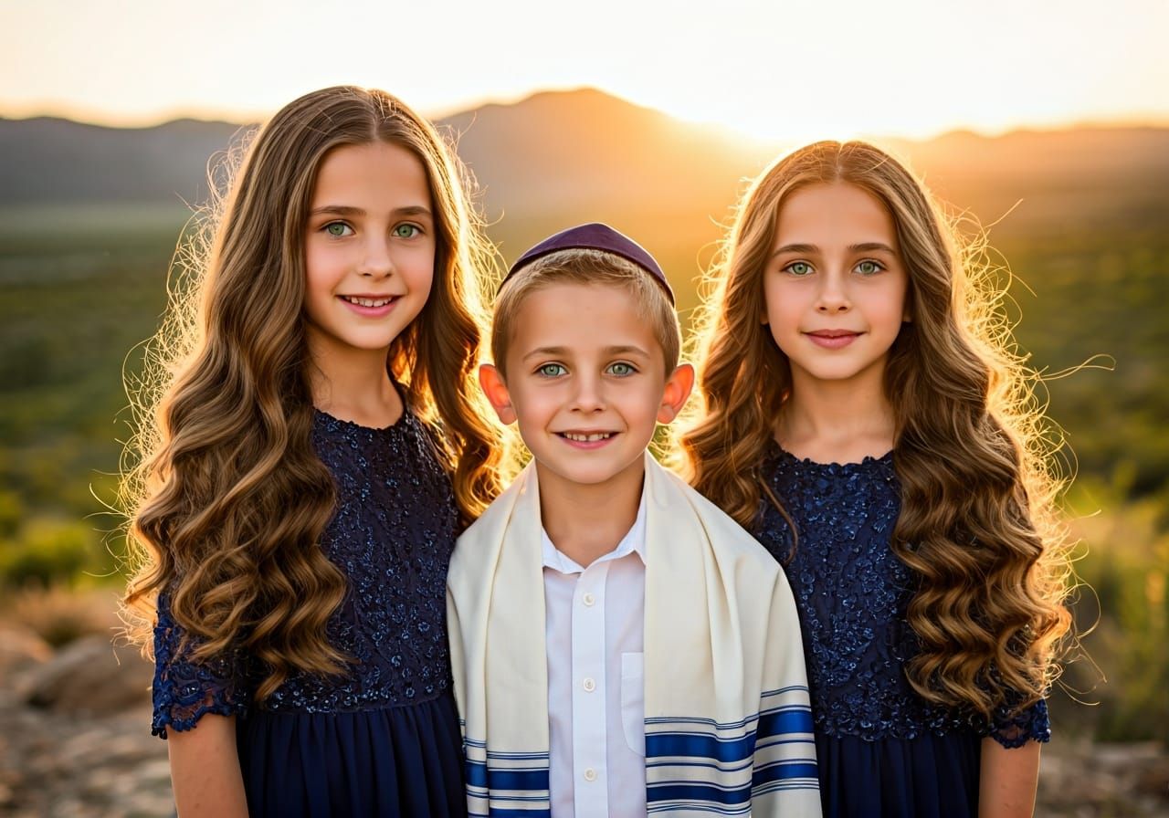Hyperrealistic Portrait of Three Young Siblings in Mountains