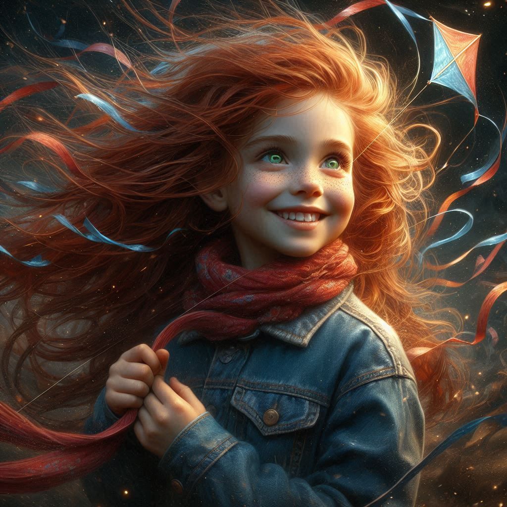 Red headed young girl flying her kite