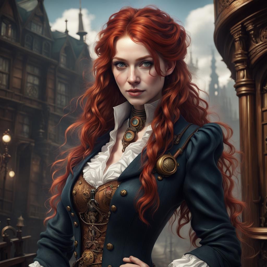 noble redhead woman, smile, slender, Beautiful detailed eyes, steampunk ...