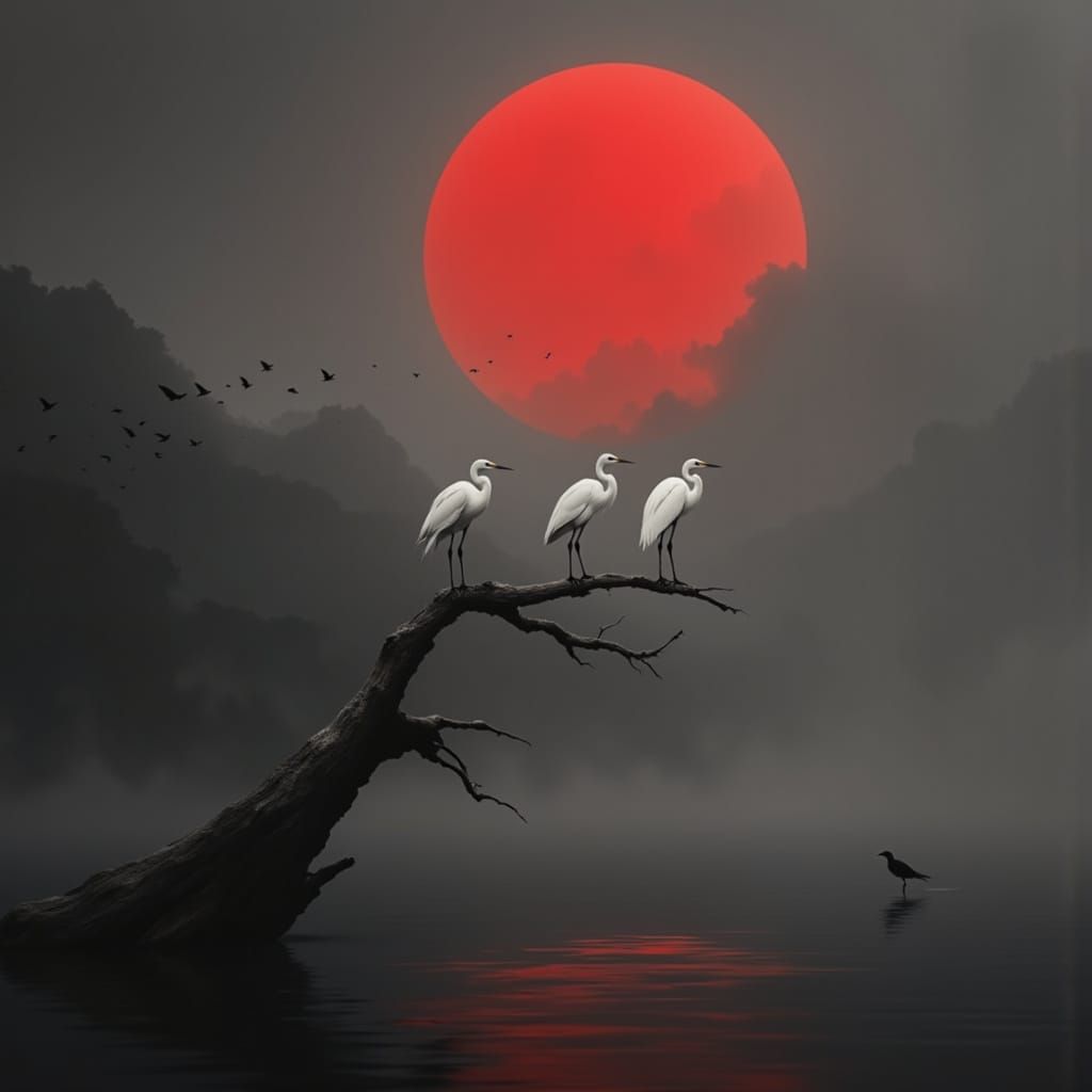 A serene, minimalist scene featuring a leafless, weathered branch jutting upward from still, black reflective water. Perched gracefully on t...