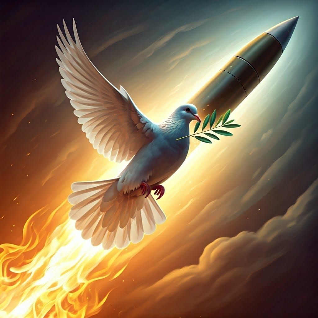 טיל בוער עף בשמים ומהאש יוצא יונה עם עלי זית