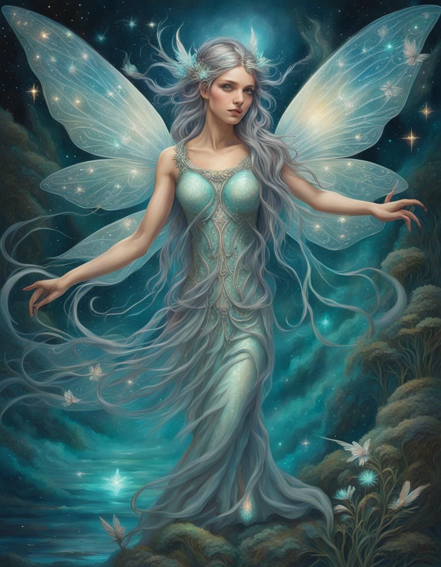 In this breathtaking image, a celestial fairy of arcane origins ...