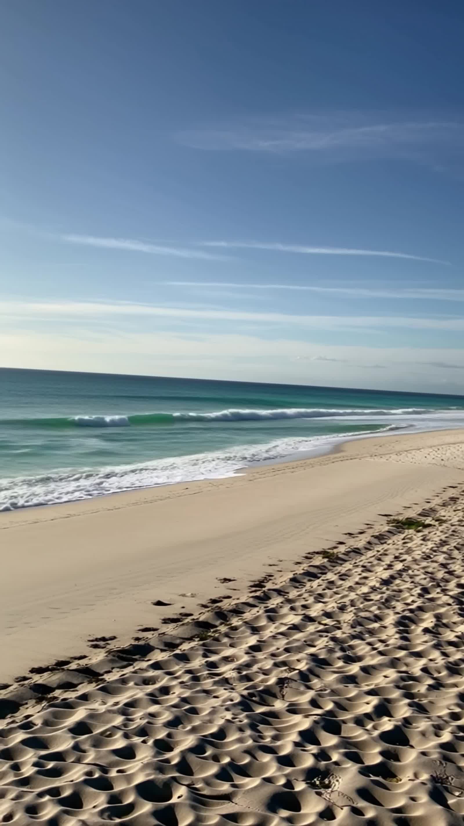 A beautiful  beach  wit waving  palm trees  on the  back ground  under a bight sun light  with Cristal clear  rolling wa...
