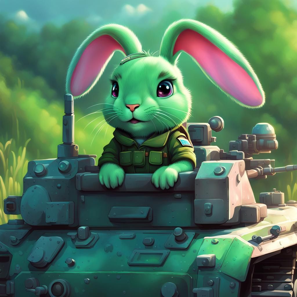 pixar style, a very cute animal female green rabbit with a h...