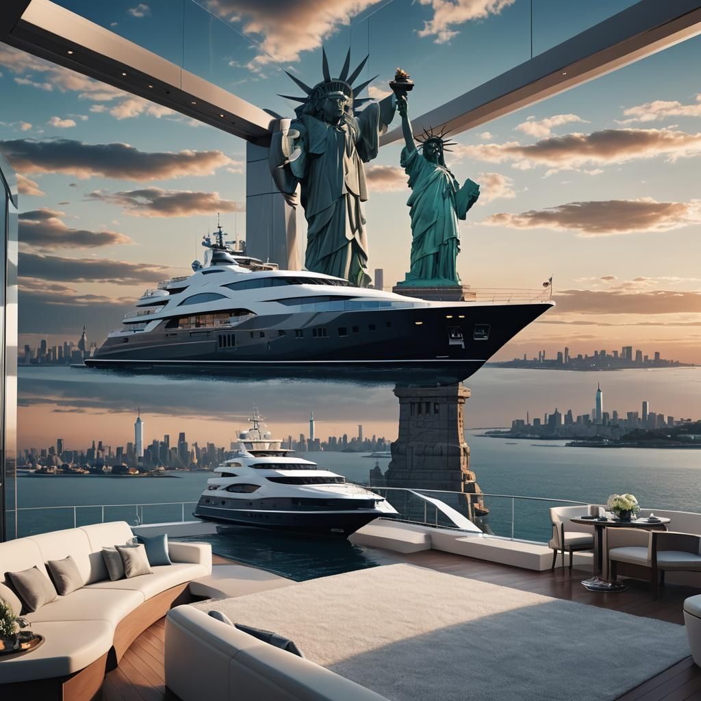 Luxury Yacht with Statue of Liberty: Digital Art
