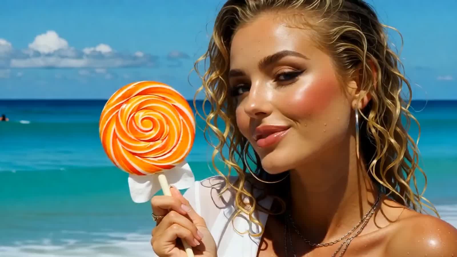 A hyper-realistic digital painting of a young woman at the beach with turquoise water in the background. Her curly blond...