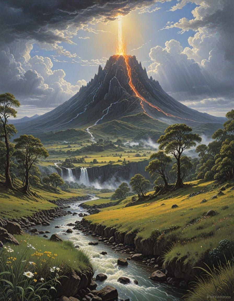 Un volcán haciendo erupción, pero en lugar de lava avienta chorros de monedas de oro puro, y al rededor ...  by @Noe Segura 