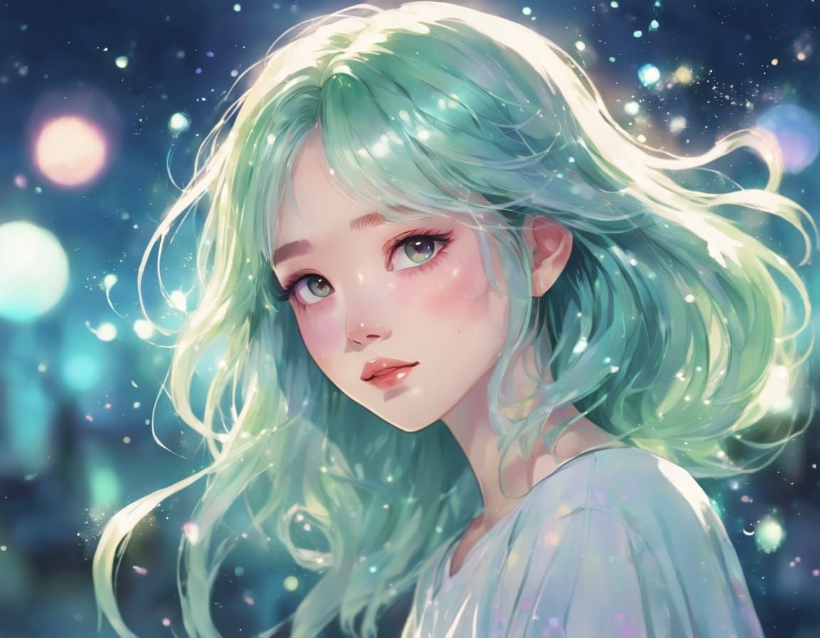 Sweet anime girl  finding herself listening to music dancing long pink milky way illuminated hair soft ...  by @Sumikokeel