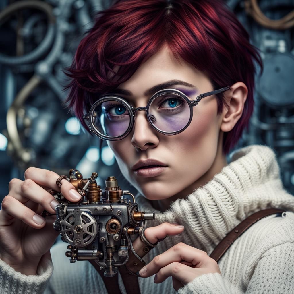 muscular young lady, dark red hair, pixie cut hair, square g...