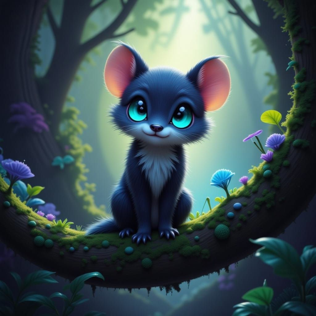 A hyperrealistic, cute, fluffy creature with large, expressive, bright blue eyes sits on a mossy tree branch in an enchanted forest. Soft, e...