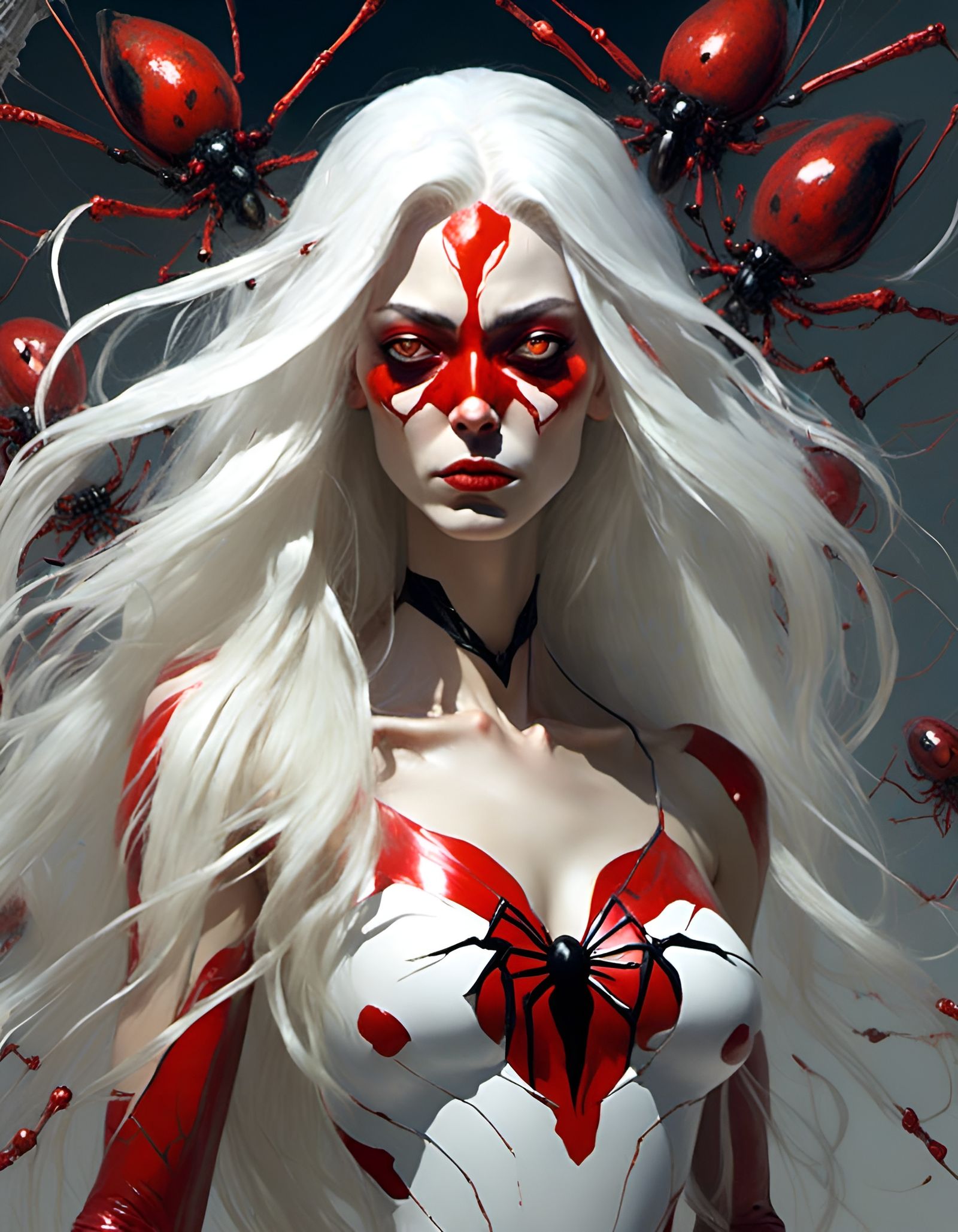 half spider woman with long white hair and red eyes <lora:LapiScape:1.0> 