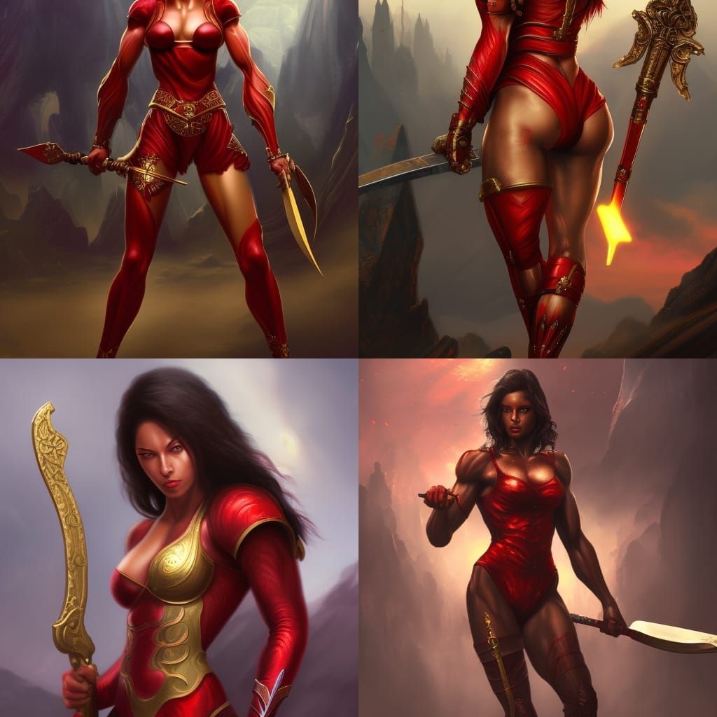 Muscular woman in a red suit with dark skin and short hair a...