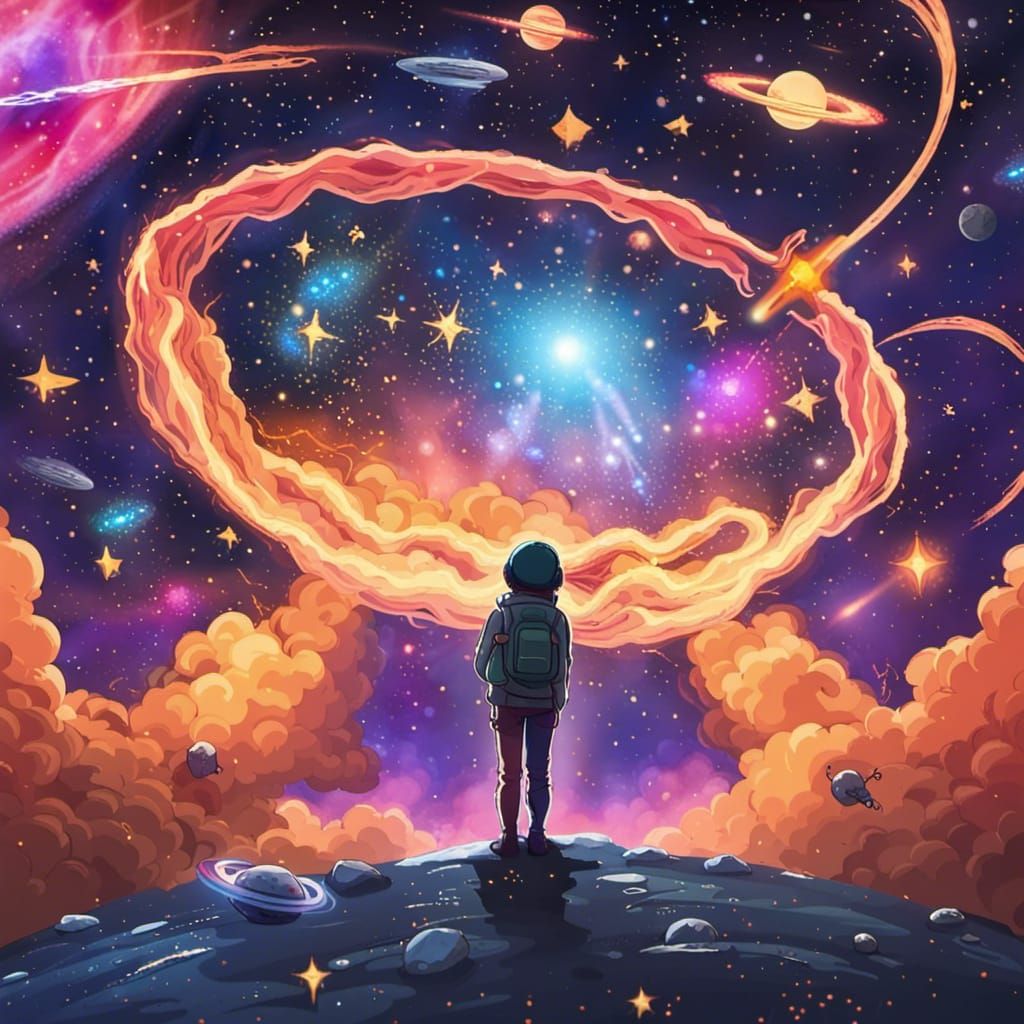 Cartoon Space Scene with Planets and Rockets