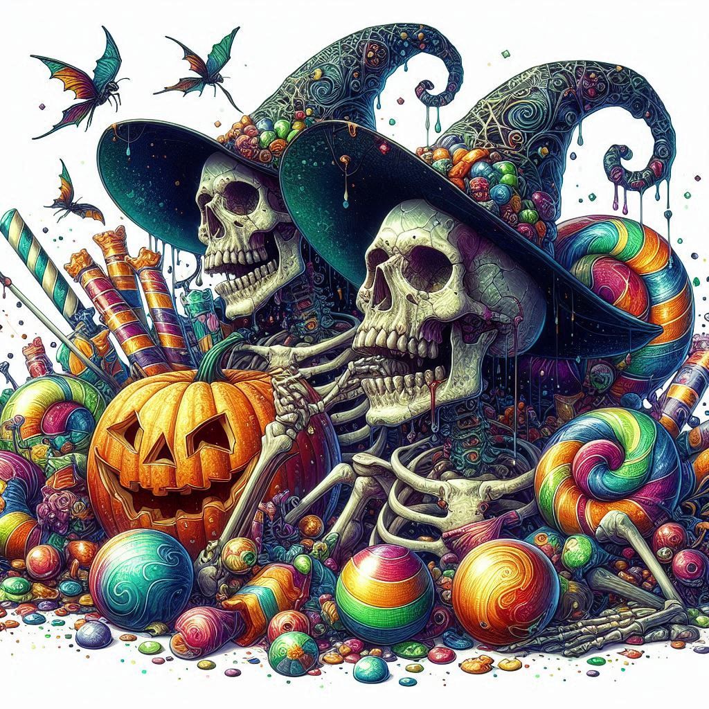 Esqueletos y calaveras día de los Muertos, caramelos, calabazas, .....