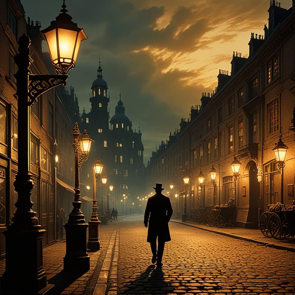 ilhouette of a man standing next to a lamp post, modern European ink painting, steampunk background, ...  by @GRAZYNA-BARBARA