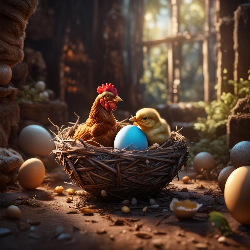 Hen Incubating Egg with Chick: Fantasy Concept Art