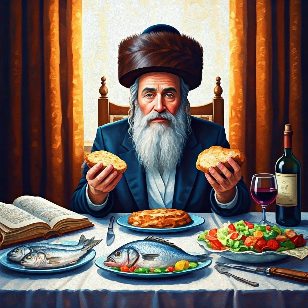 A Hasidic Rabbi Sits in Joyful Holiness at a Vibrant Sabbath...