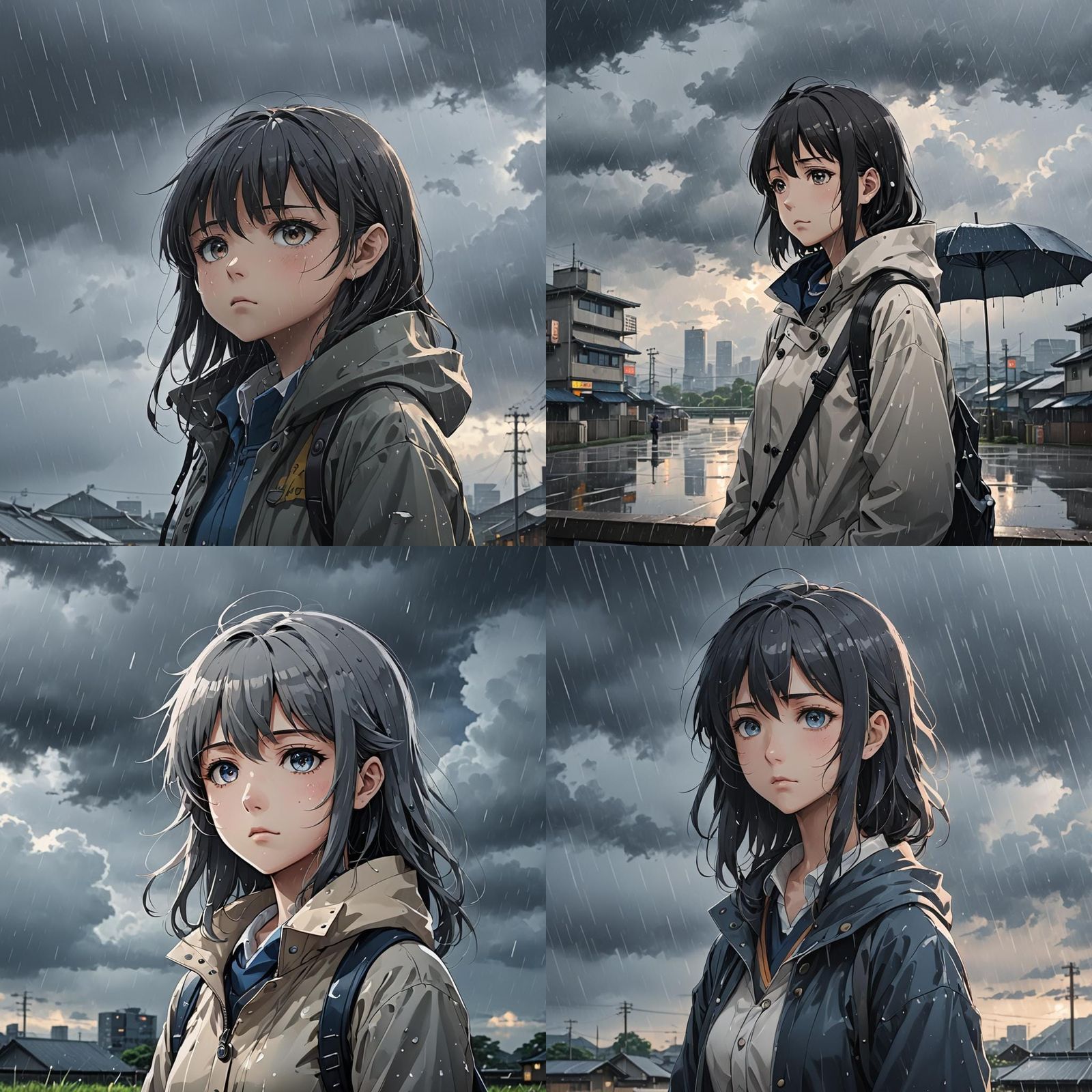 4k anime character looking sadly towards the rainy sky